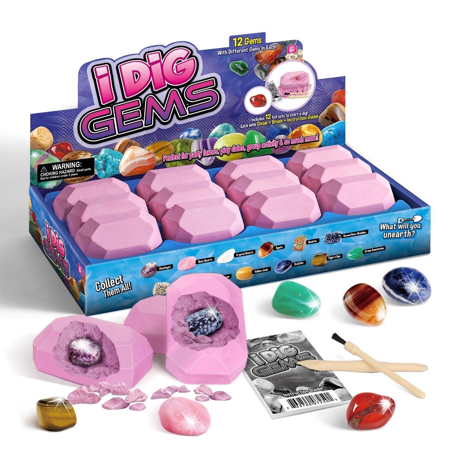 Gemstone Dig Kit, Dig Up 12 Real Gems, Gemstones and Crystals Excavation Kit, STEM Toys Rock Collection for Kids, Educational Party Gifts for Boys and Girls