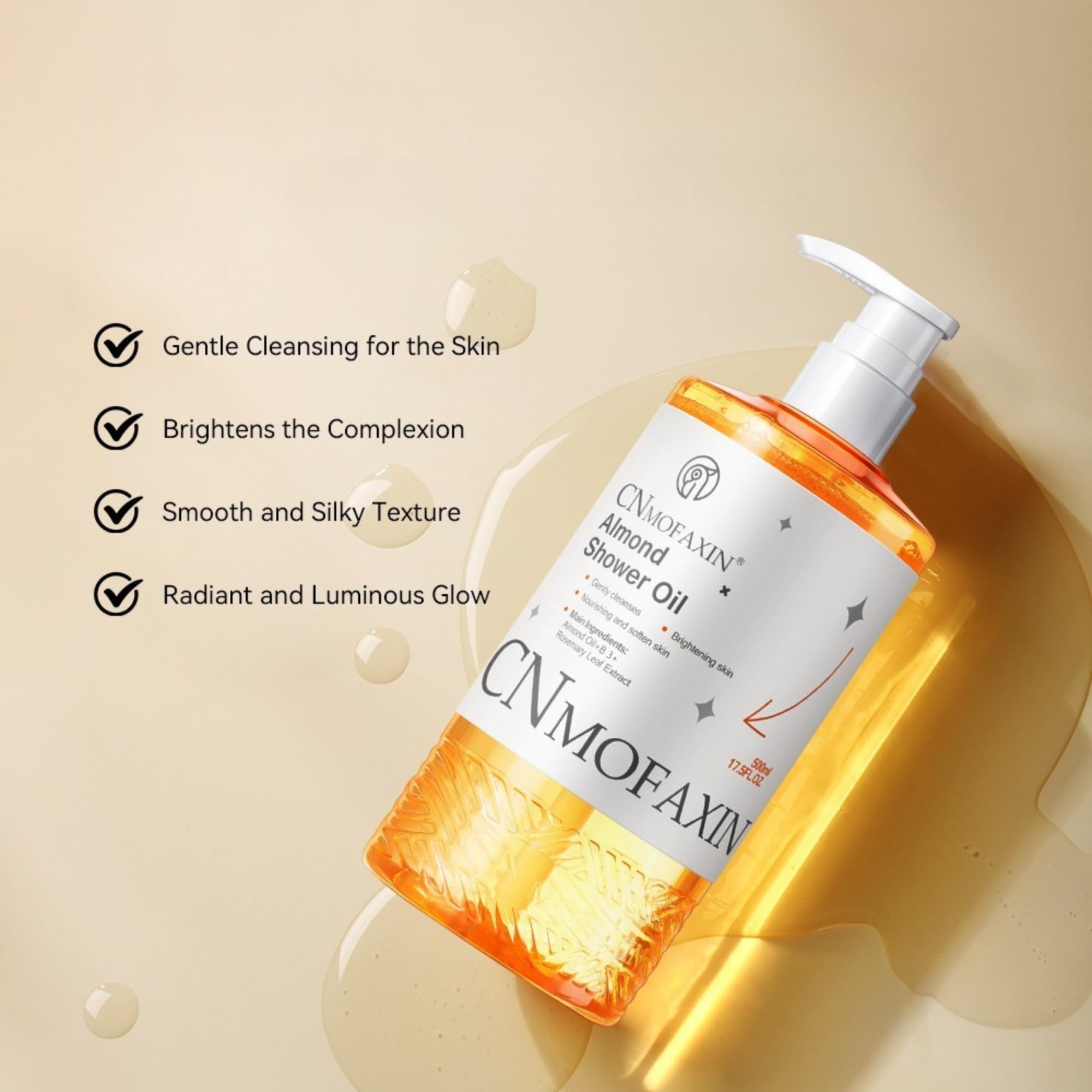 CNMOFAXIN Almond Shower Oil Body Wash 500ml - Moisturising & Softening Body Cleanser with Vitamin B3, Rosemary & Lavender - Gentle Shower Gel for Smooth, Radiant & Healthy Looking Skin - Image 2