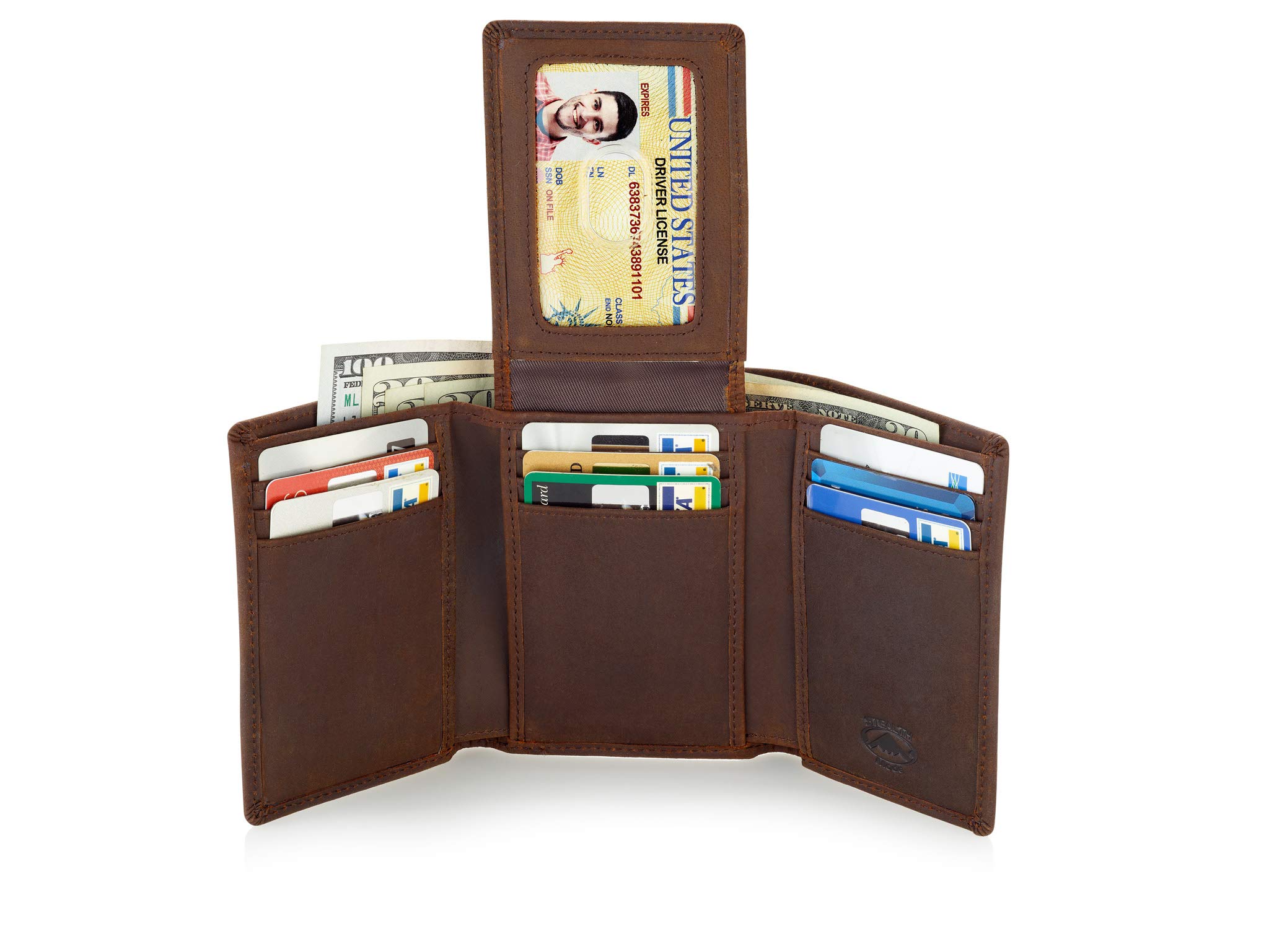 Billetera triple – Cartera con bloqueo RFID con soporte para identificación – Funda de cuero para dinero, tarjetas de crédito – Organizador para hombre, billetera dividida, protección de 3
