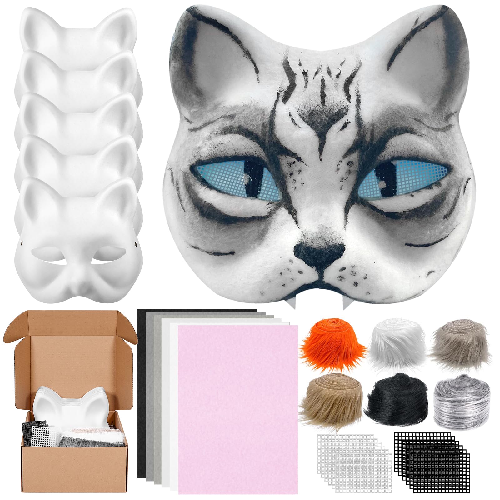 Draupnir 6Pcs Therian Mask Kit Cat Fox Mask with Felt Fabric Sheet, Fur and Eye Mesh, DIY Blank White Paper Cat Face Mask to Paint