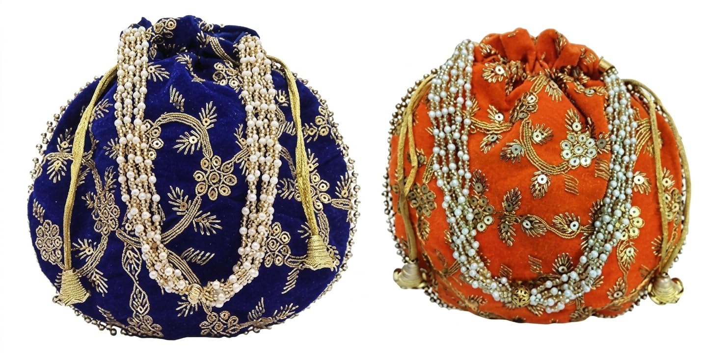 JDDCART Wedding gifting potli combo set of 2 || stylish shagun potli in velvet feel floral design fabric with sequins design of flower pattern (Navy Blue, Gold, Orange)-picture-18
