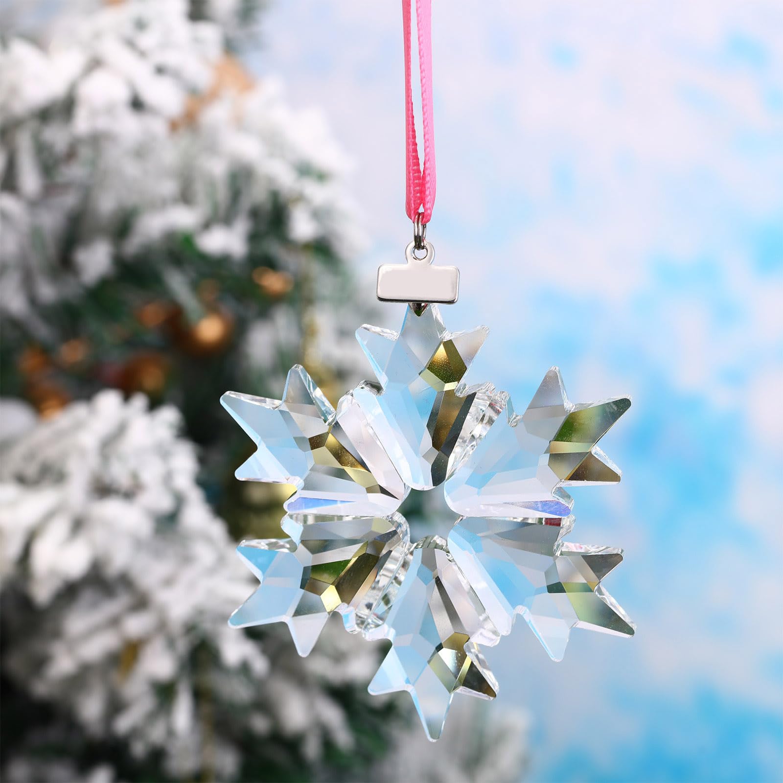 Remerry Lot de 4 décorations de Noël à suspendre en forme d'étoile et de flocon de neige en cristal transparent avec perles, chaîne, ruban et boîte cadeau pour fête de Noël (transparent)