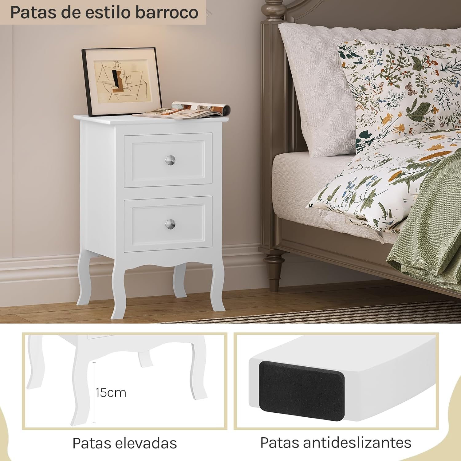WOLTU Mesitas de Noche Mesilla Auxiliar Sofá Mueble con Espacio de Almacenamiento Mesa para Cama Café Dormitorio con 2 Cajones 40x30x60cm Blanco MDF TS119ws