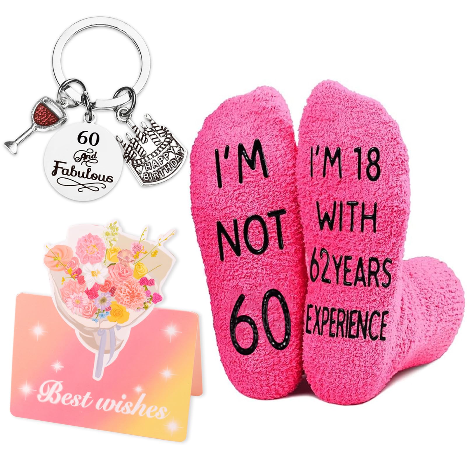 Gmhlles Women's Multicolor 60Th Birthday Gifts- Anti-Rust Keyrings For Special 60Th Birthday Card, Personalised Birthday Socks Gift For Her Lady Present For Wife Mum Auntie Teacher Sisters