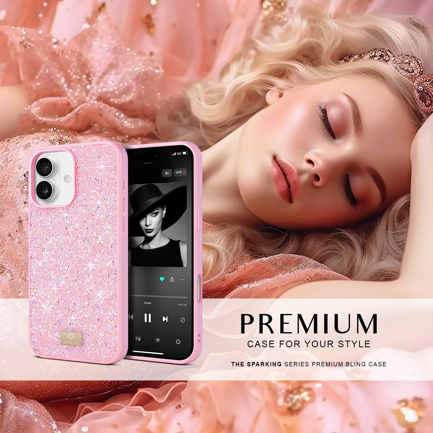 BEZ Case for iPhone 16 Case Glitter, with Bling & Co. Series, Sparkle Diamond Crystal Bling Cover for iPhone 16, Flamingo Pink - Image 2