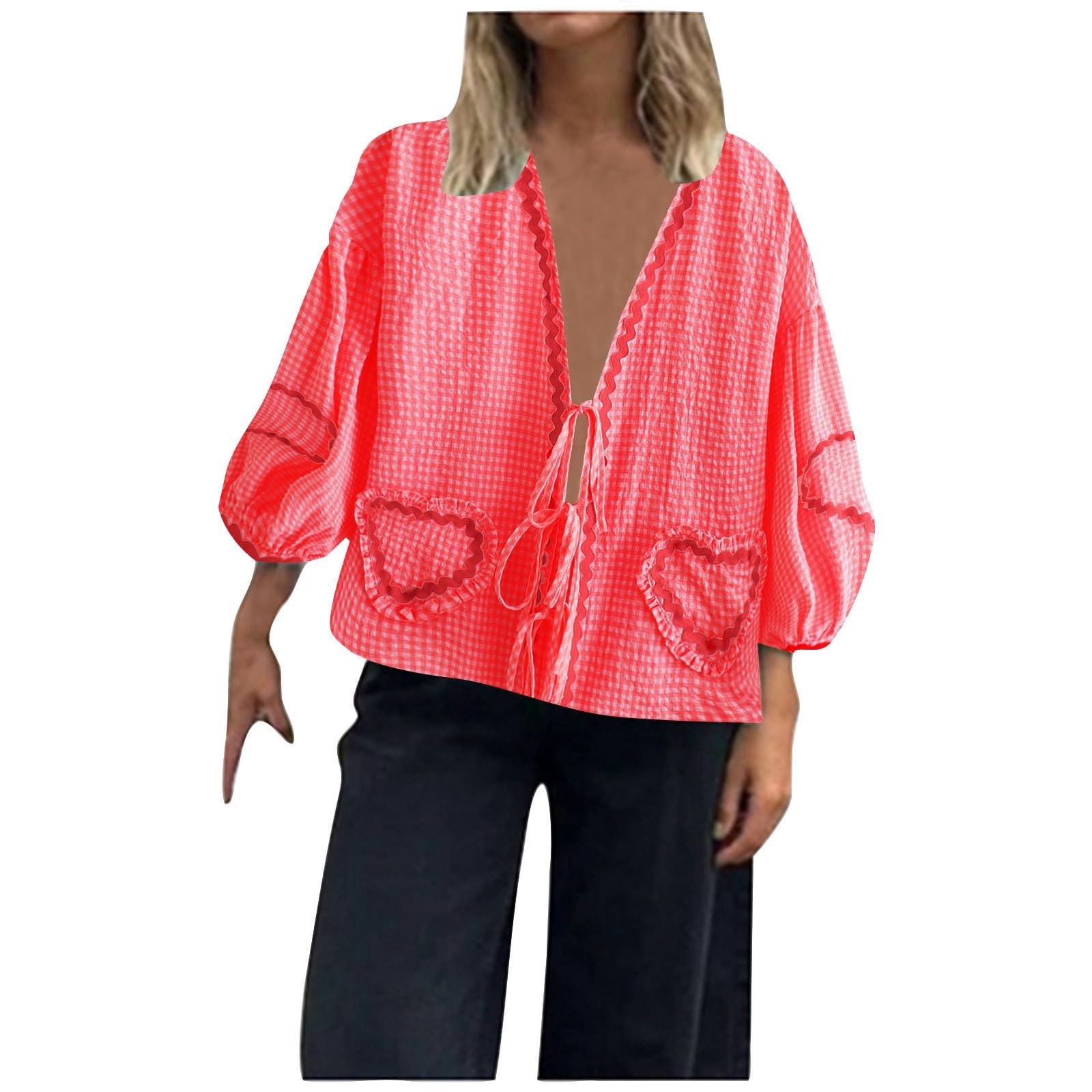 Womens Fashionable Plaid Heart Decoration Loose Lace Up Decoration Short Sleeved Casual Shirt 5X Women Sleep