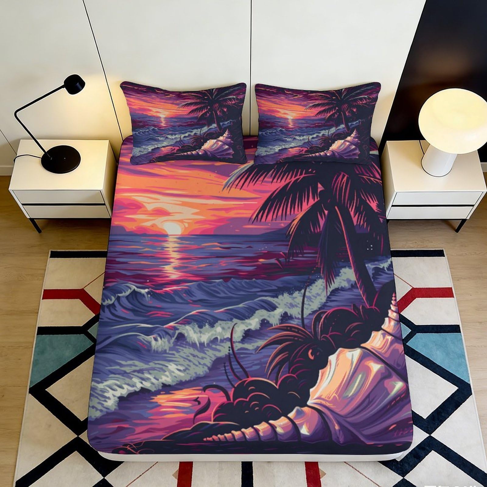 3D Printed Sunset Beach Fitted Sheet Microfiber Soft Breathable Ocean Wave Mattress Cover for Bedroom Dorm Decor 140x200x25cm