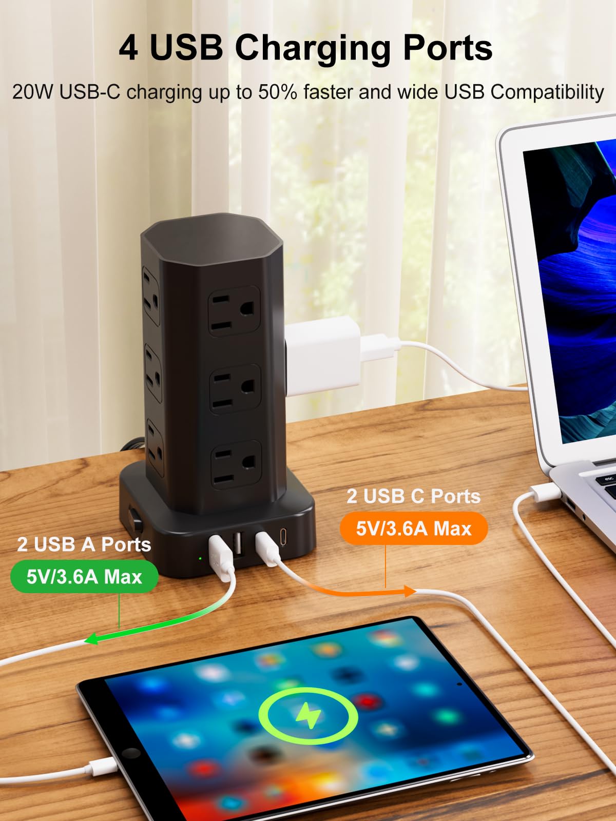 Protector de sobretensiones de torre, cable de extensión de enchufe plano de 6 pies con múltiples tomas, 12 salidas de CA, 4 USB (2 USB C), estación de carga de computadora con protección contra