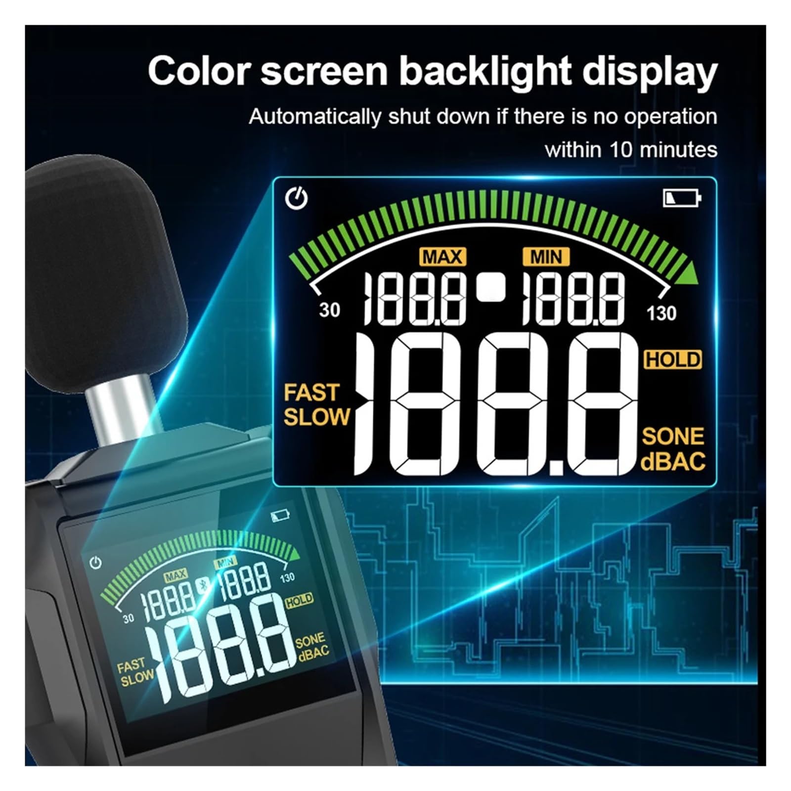 30–130 dB Geräuschpegelmesser-Display, Farb-Hintergrundbeleuchtung, schnelle und langsame Abtastrate, Kondensatormikrofon, Schallpegelmonitor