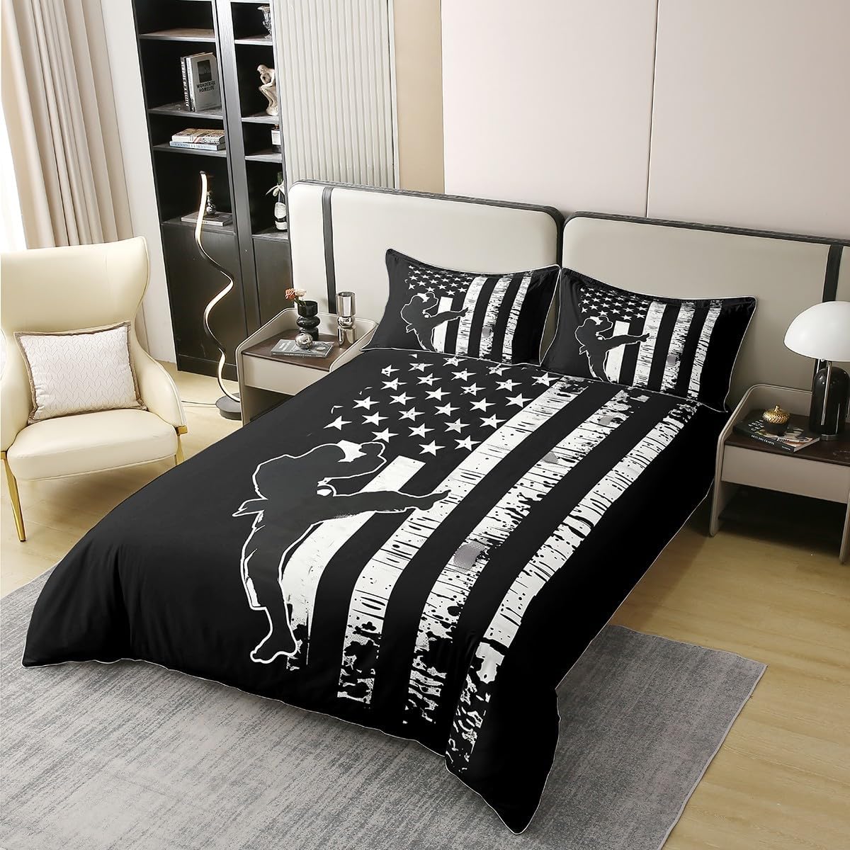 Manfei Taekwondo Full Size Cotton Duvet Cover,Modern Sports Game Athlete Silhouette Quilt Cover(No Filler),Retro American Flag Hippie Graffiti Black Comforter Cover for Kids Adults Bedroom