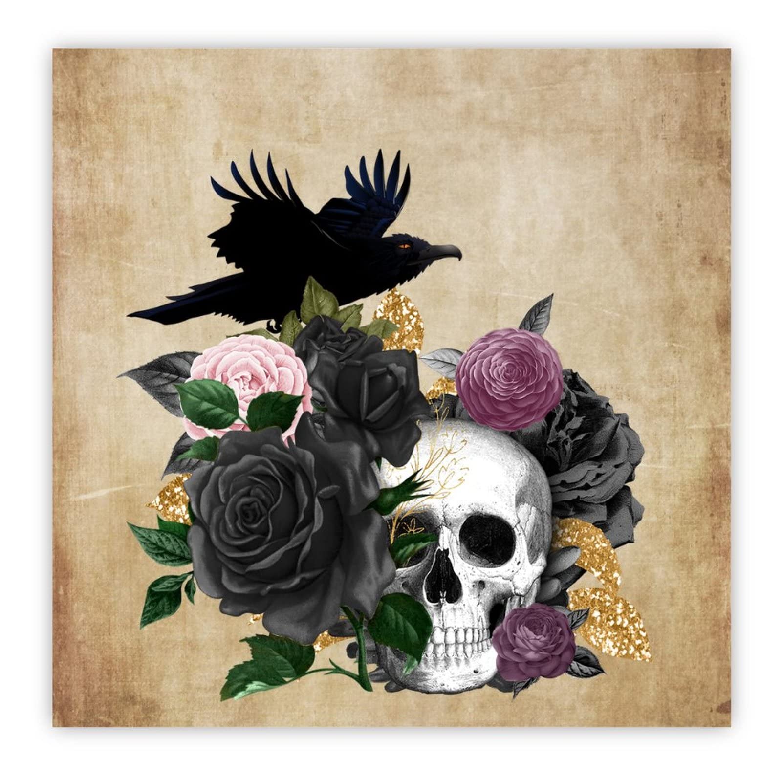 Tableau bois Halloween corbeau sur crâne et rose noire 40x40 déco murale vintage bureau maison