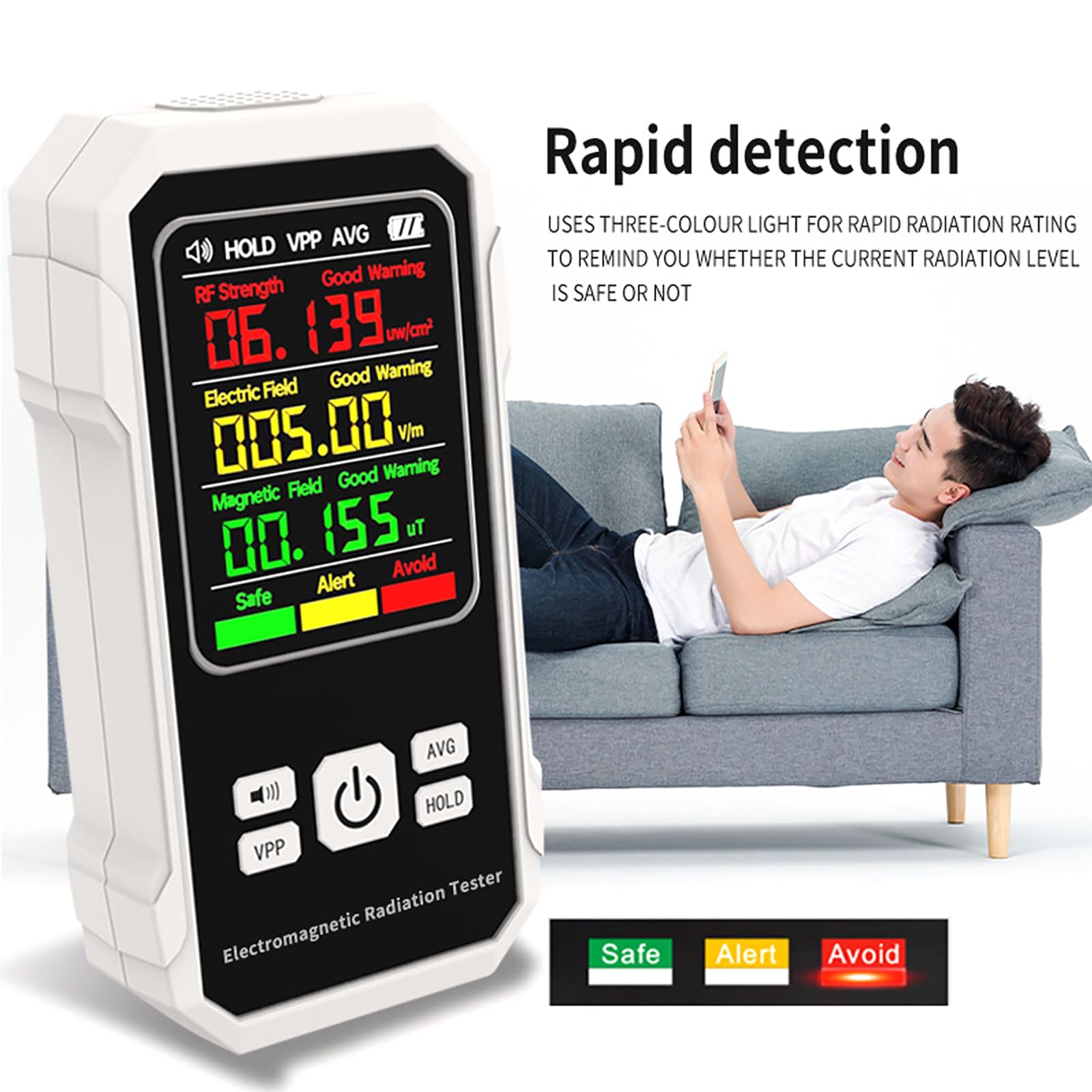 NGARY Medidor EMF, Detector EMF Digital Portátil, Lector EMF LCD Digital Portátil con Función De Bloqueo De Datos, Modo De Valor Medio/máximo, para Inspecciones EMF, Oficina, Hogar Y Exteriores