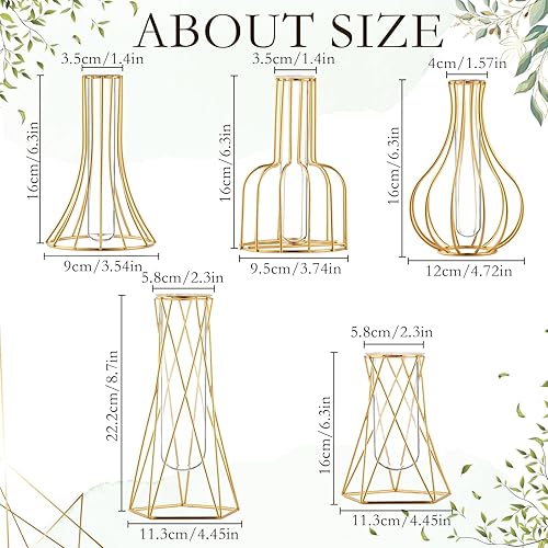 Miniatura 2 de Mifoci 10 jarrones de vidrio con soporte de metal, jarrón geométrico moderno dorado para centros de mesa, jarrón de tubo de ensayo de plantas