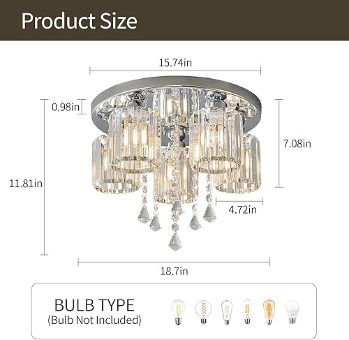 Miniatura 2 de zhllmq Lámpara de techo semiempotrada, 5 luces cerca del techo, lámpara moderna de cristal cromado para cocina, entrada, dormitorio, baño,