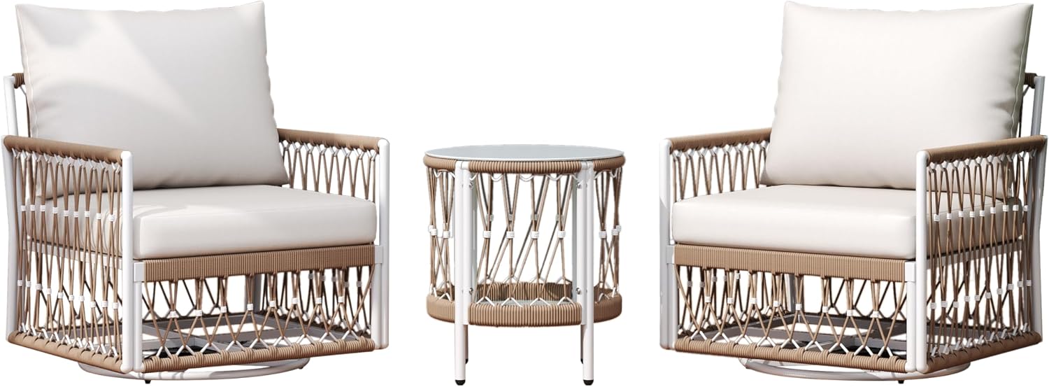 3-Piece Bohemian Outdoor Furniture Set with 2 Lounge Chairs & Glass Top Side Table - Handwoven Rope & Powder-Coated Steel Frame - Waterproof Cushions Patio Conversation Set for Garden, Poolside