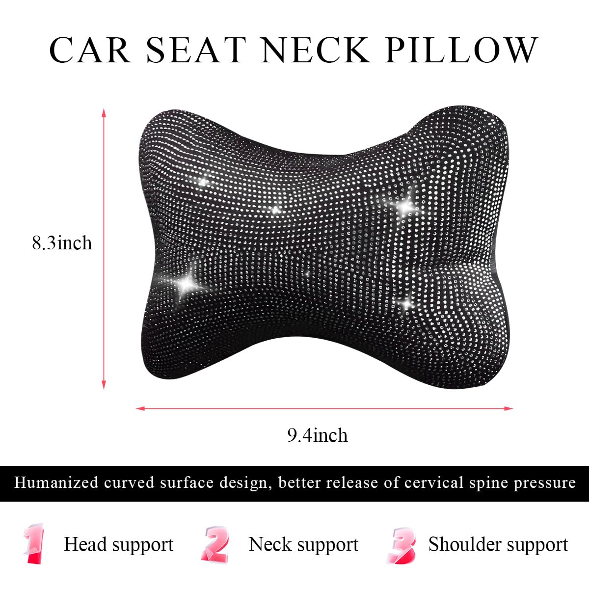povtii Bling Car Neck Pillow, Crystal Rhinestone Auto Seat Headrest Neck Support for Driver Relax Necksupport, Bling Car Headrest Pillow for Women Girls, Car Accessories (White)