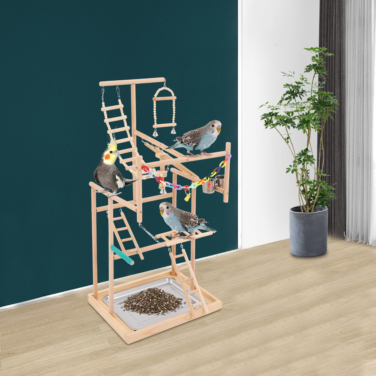 Parco giochi per pappagalli, 4 livelli, parco giochi per uccelli, con tazze, altalena in legno, scaletta, campane per pappagallini, parrocchetti, 48 x 33,5 x 94,5 cm