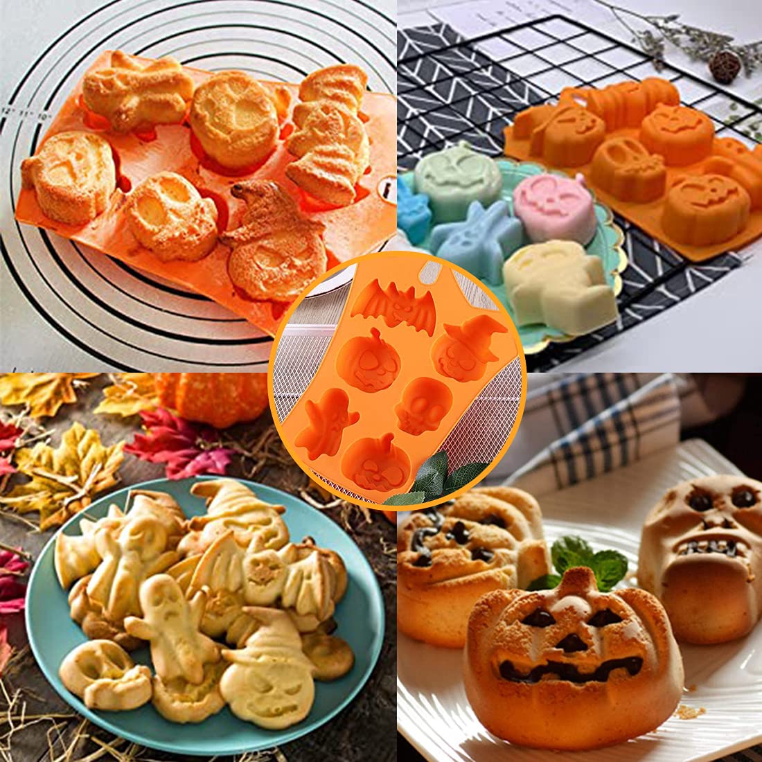 Moules En Silicone Halloween 2 Pièces – Formes Citrouille, Chauve-souris, Squelette – Pour Gâteaux, Chocolats, Glaçons – Qualité Alimentaire