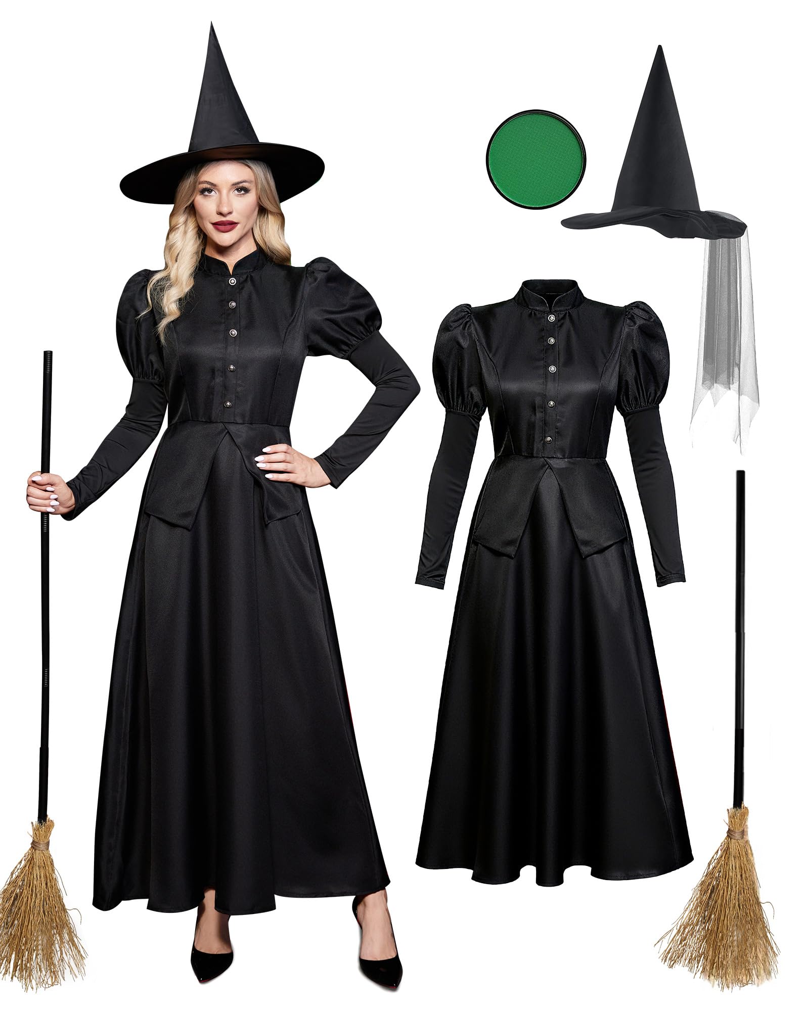 For G and PL Women's Halloween Elfaba Wicked Witch Costume Long Sleeve Puff Sleeve Black Puff Sleeves Dress XL
