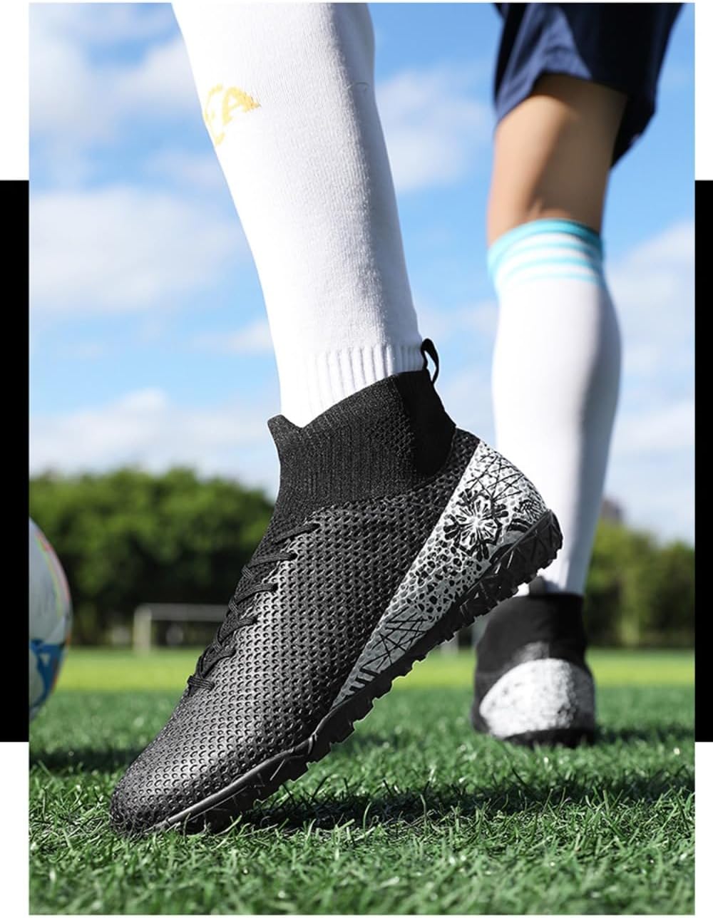 Men's Soccer Cleats High-Top Turf & AG Spikes Shoes Unisex Adult Training Athletic Sneakers for Women Youth Boys Girls with Shin Guard Sock Set
