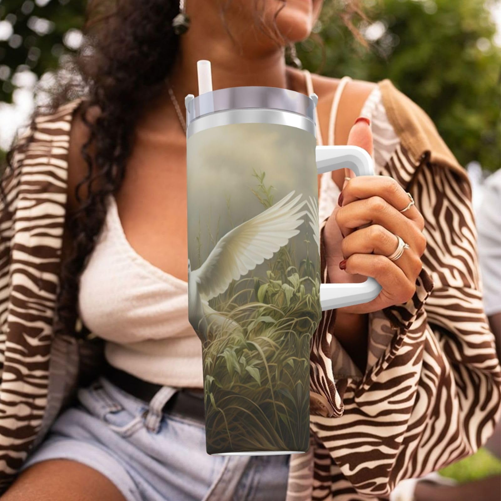 Grass and Dove Wasserflasche aus Edelstahl, doppelwandig, isoliert, mit Griff und Strohhalm-Deckel, 1,2 l
