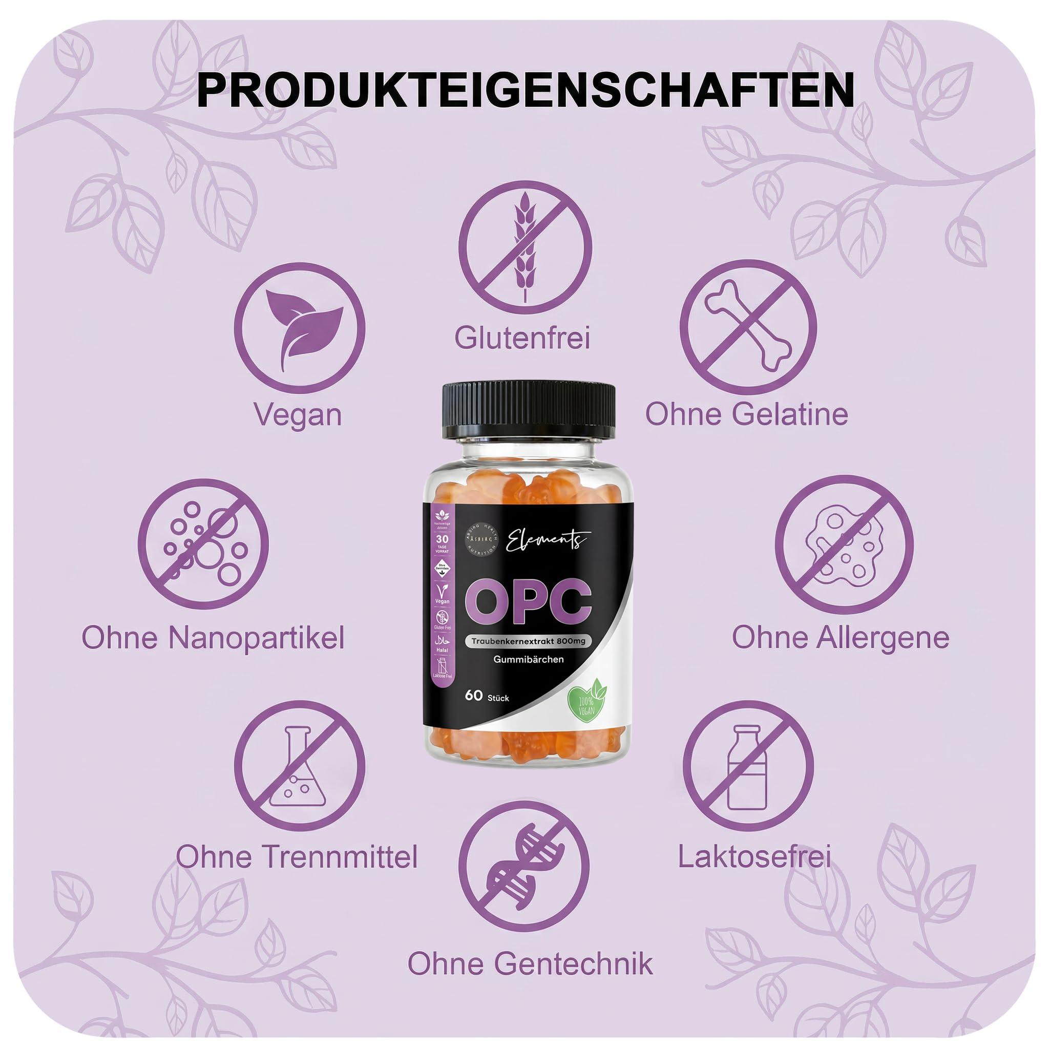 OPC – Traubenkernextrakt 800 mg Gummibärchen mit Vitamin C – 60 Stück – Hochdosiert, Vegan, Glutenfrei, Halal – Antioxidativer Zellschutz & Immunsystem-Unterstützung – Asbirg Elements