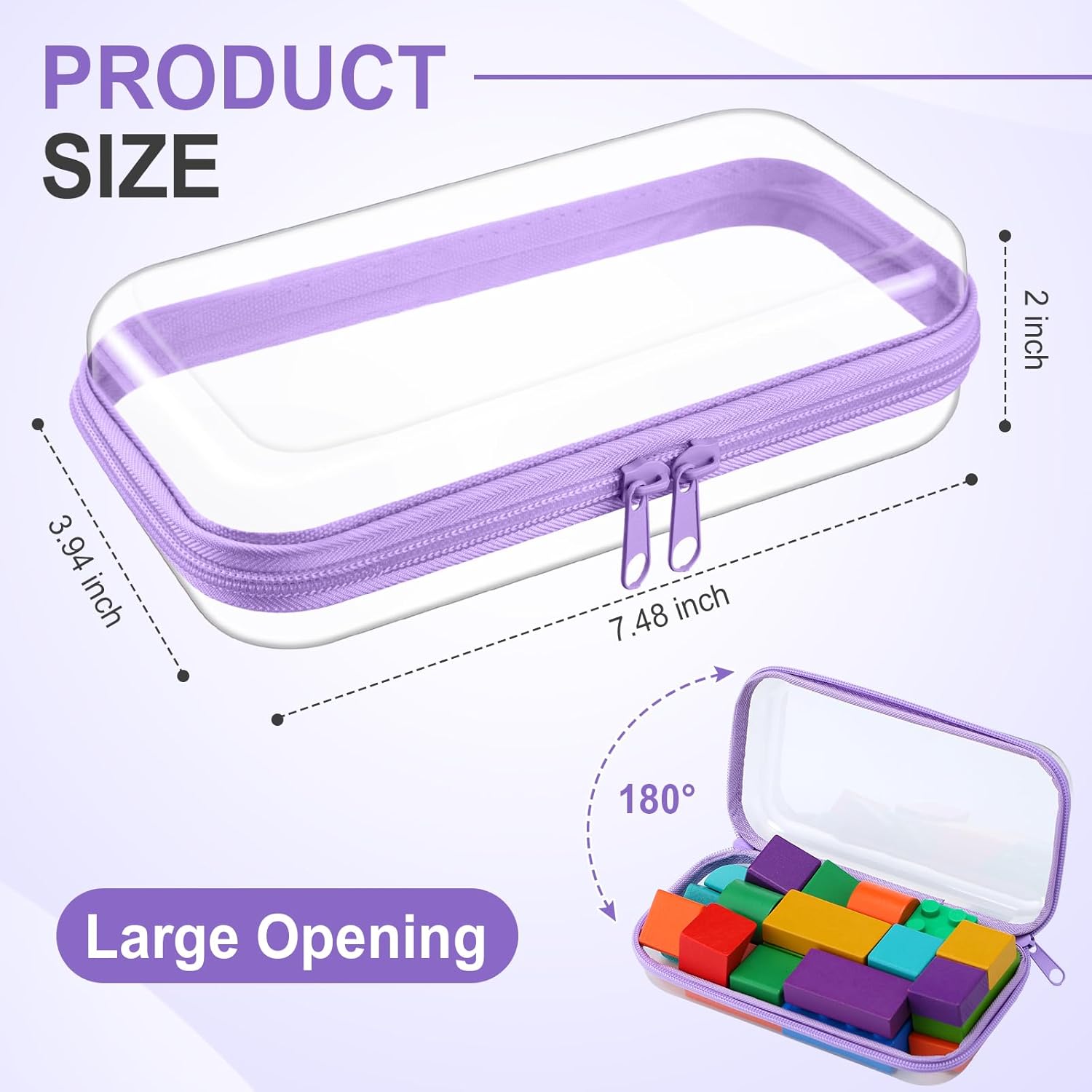 Hoolerry 4 Pcs Hard Clear Zipper Case Makeup Bags Plastic Zipper Pouch Transparent Storage Box Containers for Cosmetics, Snacks, Building Blocks, Puzzles(Clear,7.5 x 3.9 x 2 in,Purple)