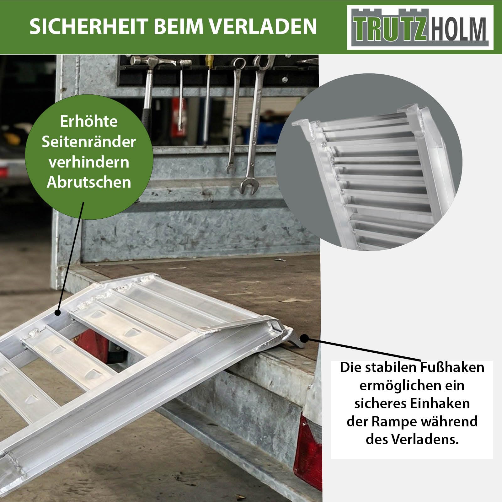 TRUTZHOLM 1x Auffahrrampe klappbar 180 cm Traglast 200 kg Aluminium-Rampe Motorradrampe mit Lamellenstanzung Auflage mit Einhaksystem Verladerampe für Moped Roller E-Bike
