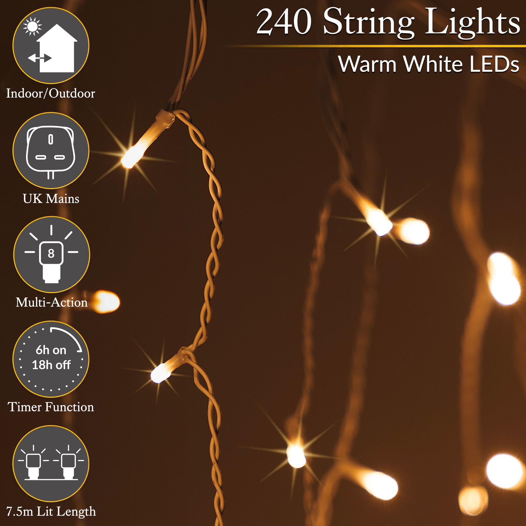 CHRISTOW Hanging Icicle Christmas Lights, 240 Warm White LED, 7.5m Lit Length, Indoor & Outdoor, Mains Powered with Timer - Image 2