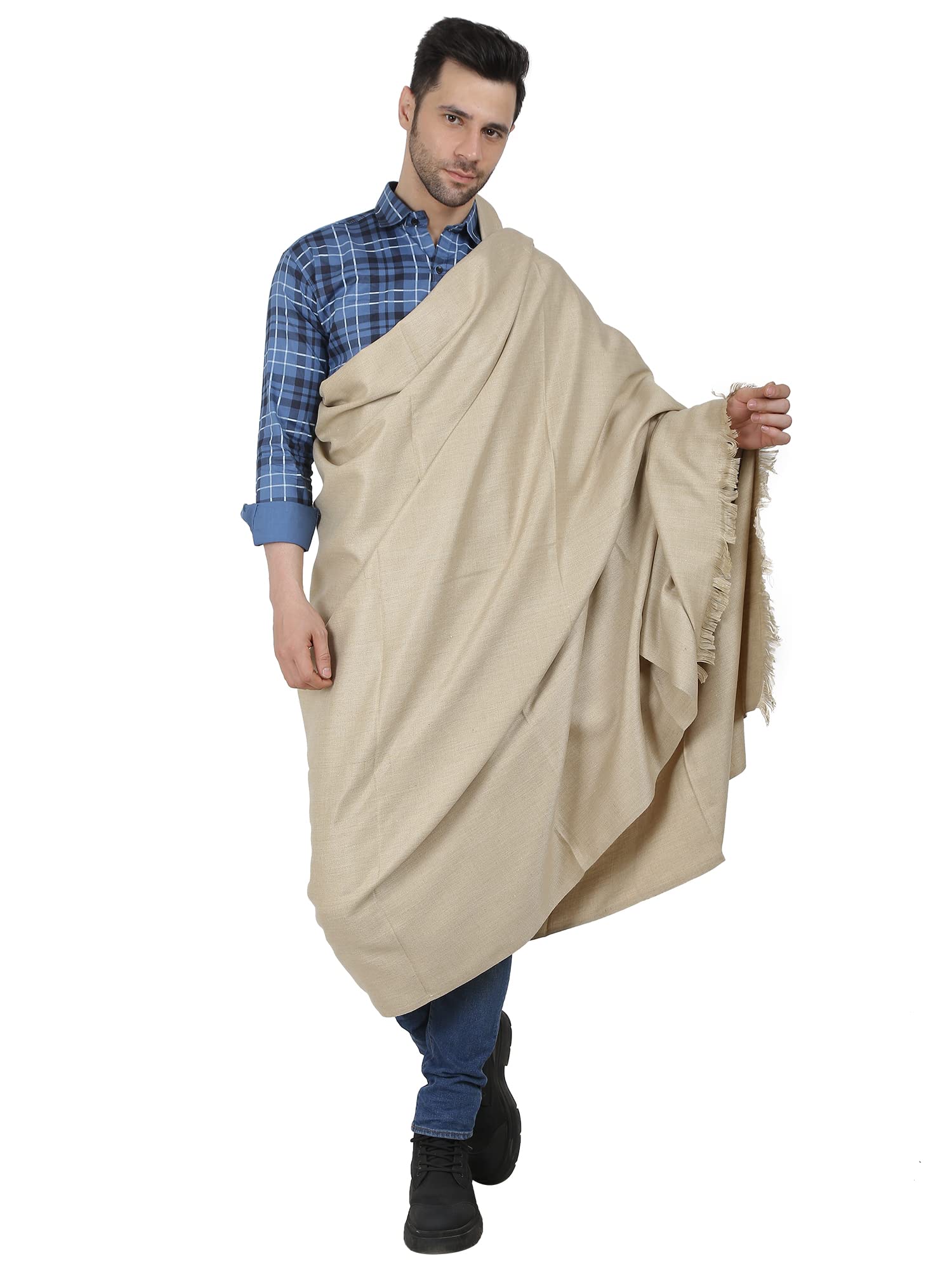 CambikMen's Woollen Warm Pashmina Shawls Meditation Dushala Lohi Soft Comfortable Stole Solid Color (Light Coffee), gold