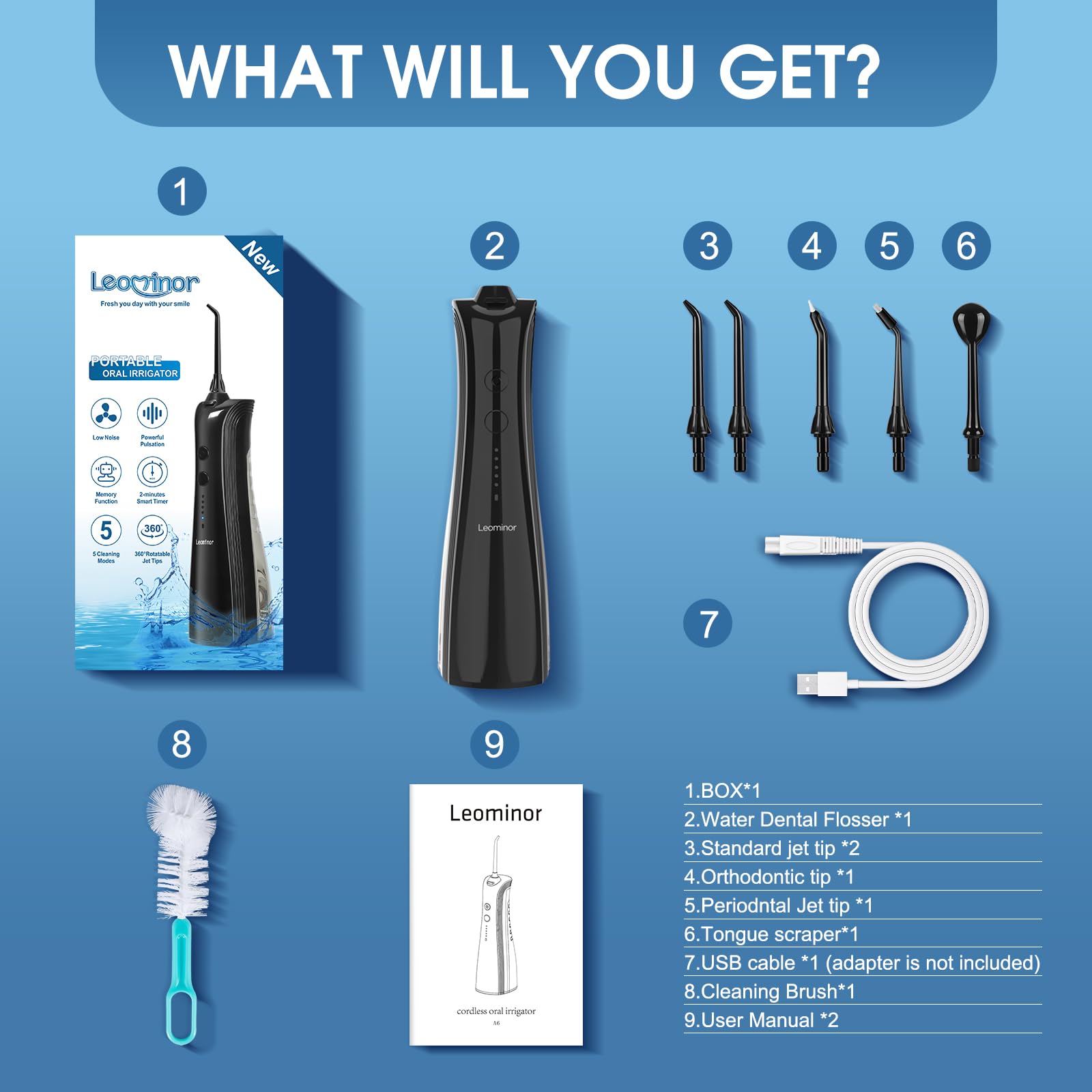 Leominor Hilo dental de agua Upgrade A6 (negro)