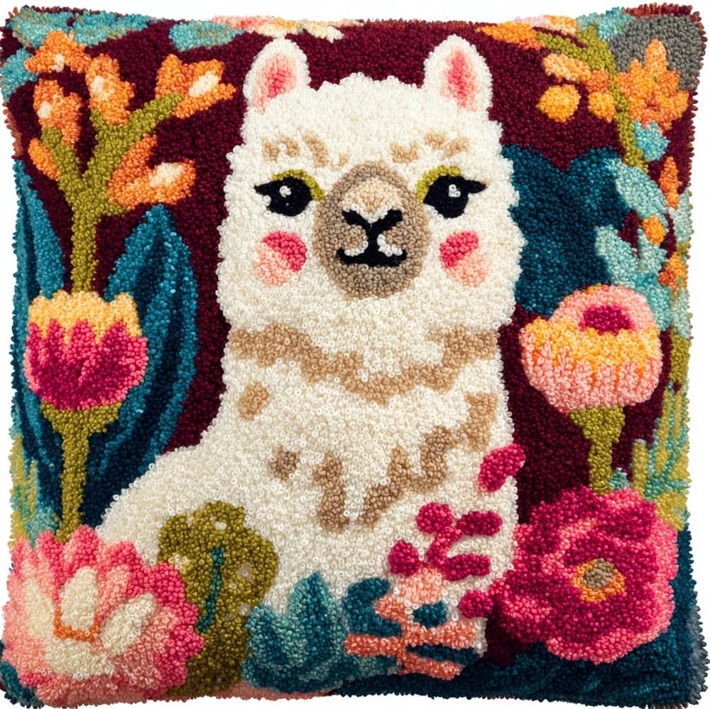 FWRTYCB Latch Hook Cushion Kits for Adults, Alpaca and Flowers Pillow Hook