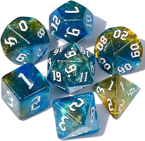 CiaraQ DND - Juego de dados poliédricos para juegos de rol de Dungeons and Dragons RPG MTG, con 1 bolsa de dados (azul + amarillo + purpurina)