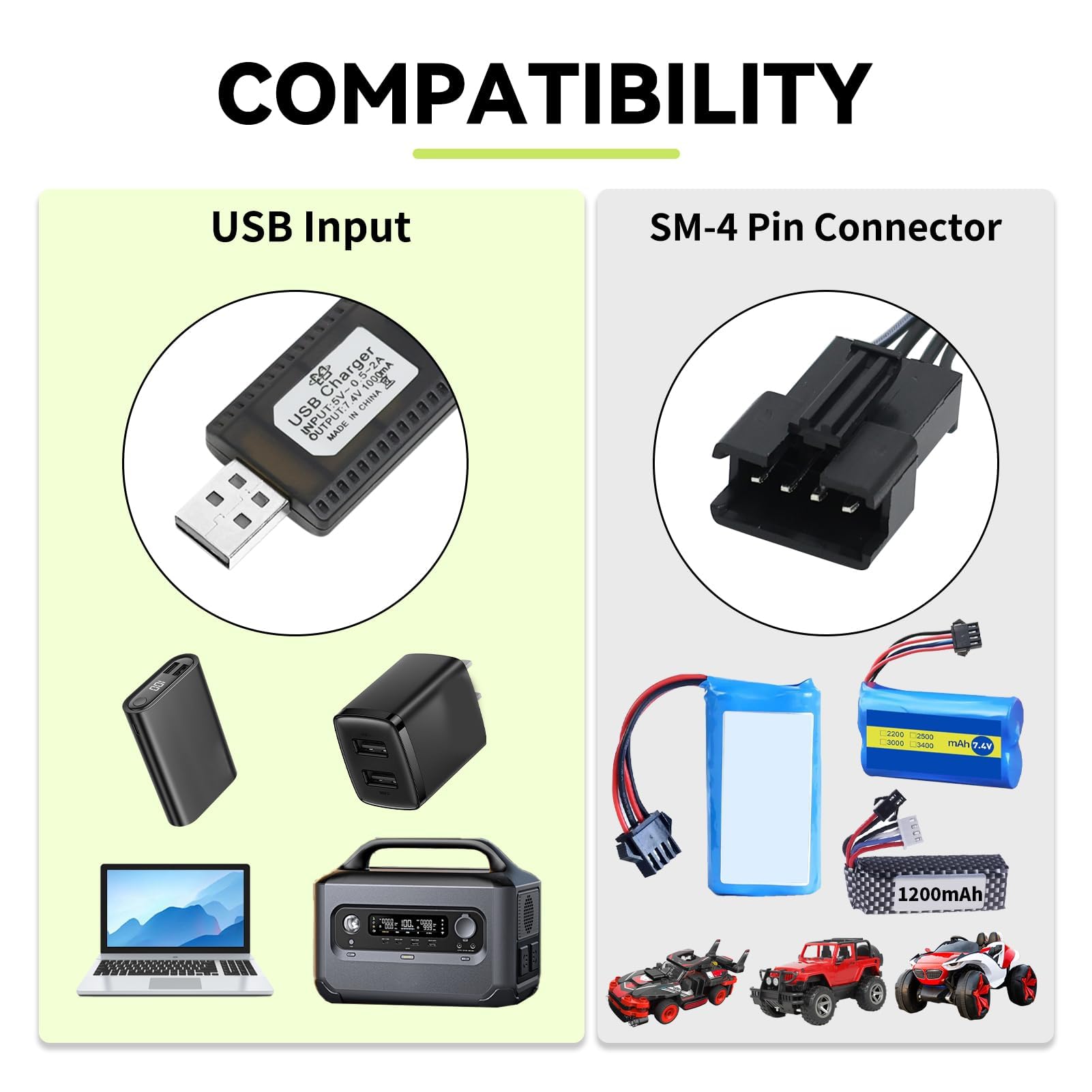 Berfea Câble de Charge USB pour Pack de Batteries Rechargeables Ni-CD Ni-MH Adaptateur de Prise SM-2 Broches Sortie 4,8 V Utilisé sur RC Jouets Voiture Tank Trucks Trains Boat (4.8V