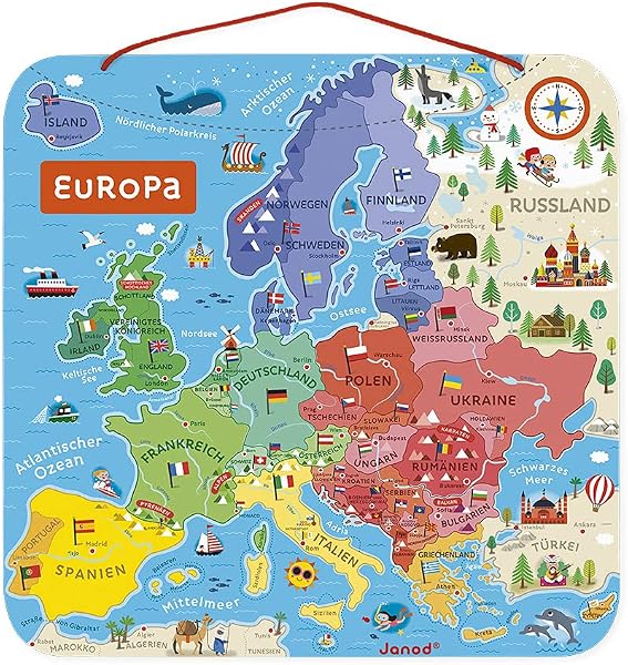 Janod - Puzzle Carte d'Europe Magnétique en Bois - 40 Pièces Aimantées - 45x 45 cm - Version Allemande - Jeu éducatif dès 7 ans, J05473