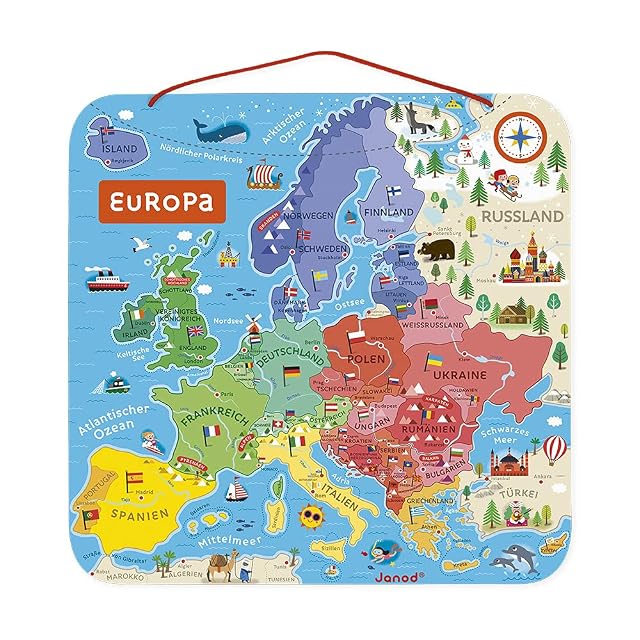 Janod - Mapa Europa Magnético de Madera - 40 imanes - Puzzle Educativo Geografí - para Colgar en la Pared