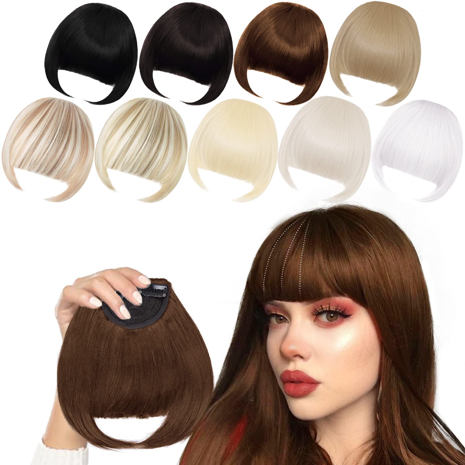 Clip in Bangs Brown Clip on Bangs with Temple Fringe Bangs Hair Extensions for Women (Brown)