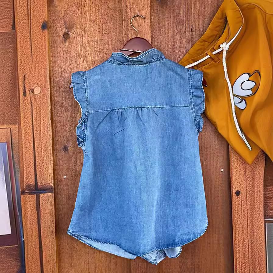 Women's Denim Tank Top Lightweight Sleevless V Neck Ruffle Shirt Casual Blouse4