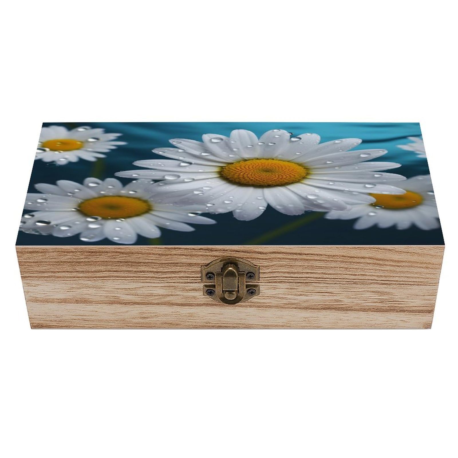 Btcowzrv Style Daisy Flowers Wooden Storage Box, Keepsake Box With Hinged And Retro Lock, Wood Jewelry Organizer For Photos & Mementos And Home Decor