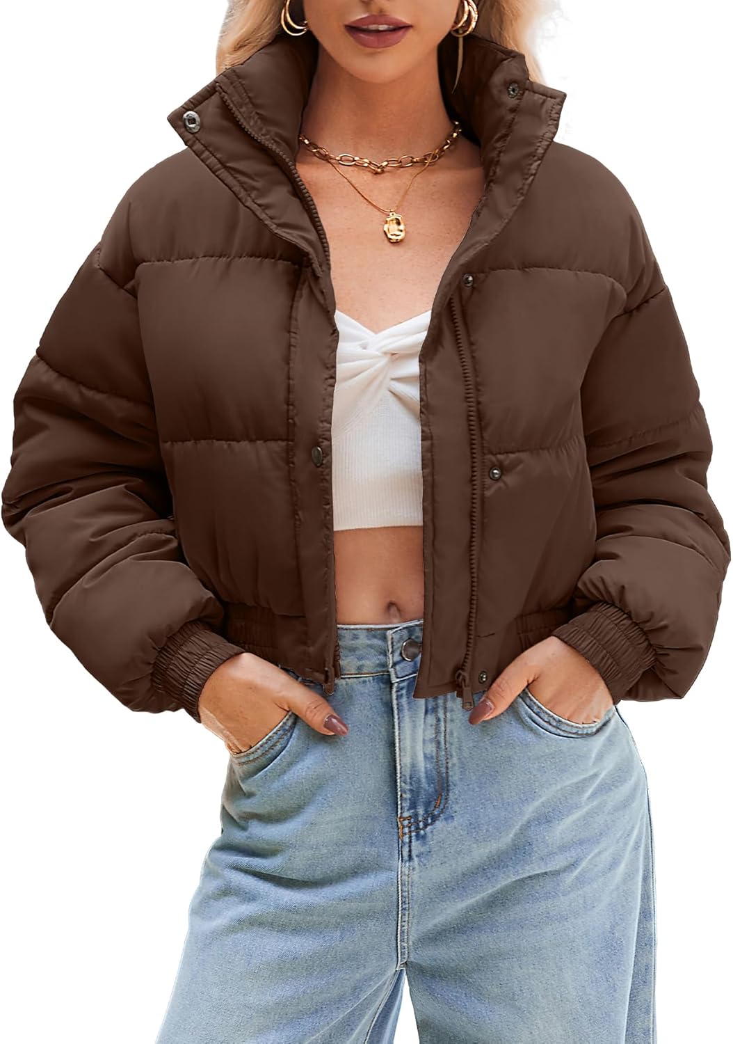 WHN Women’s Cropped Puffer Jacket Lightweight Quilted Jackets Long Sleeve Stand Collar Zipper Winter Outerwear Coat