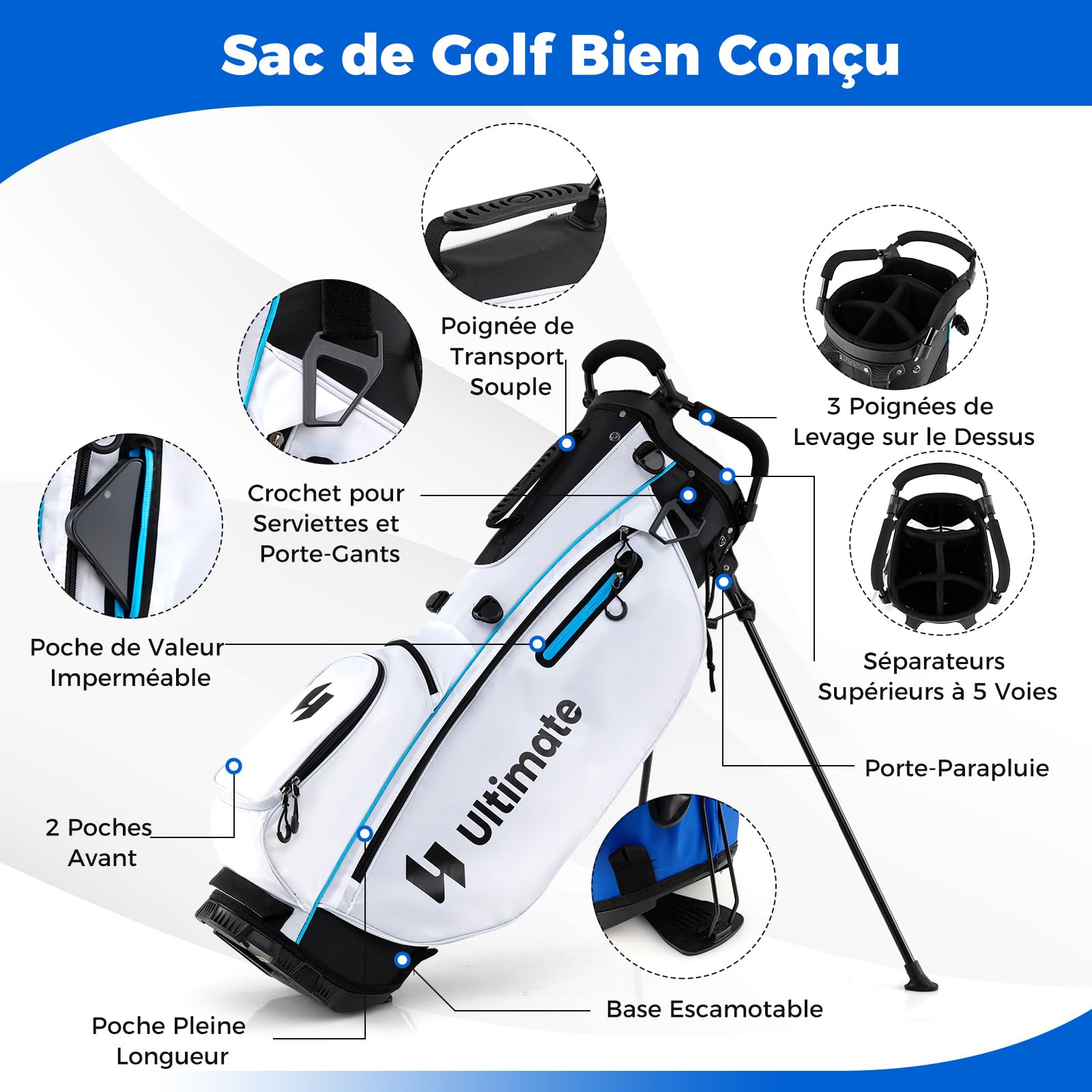COSTWAY Ensemble Club de Golf Portable, Sac Trépied avec Driver 460CC #1, Bois #3 Hybride Fers #5#6#7#8#9#P #S Putter, Couvre-Chefs pour Droitier