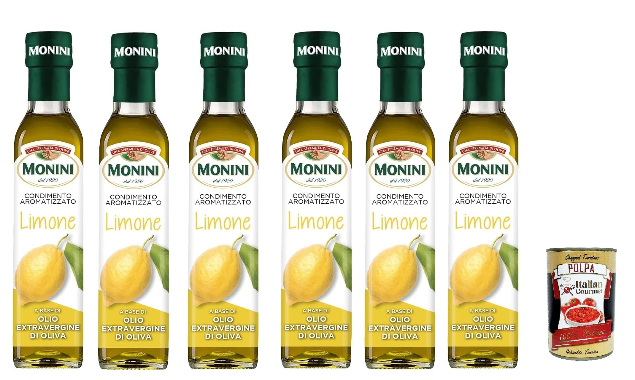 Lot de 6 épices Monini à base d'huile d'olive extra vierge au goût citron 250 ml + polpa italien gourmet 400 g