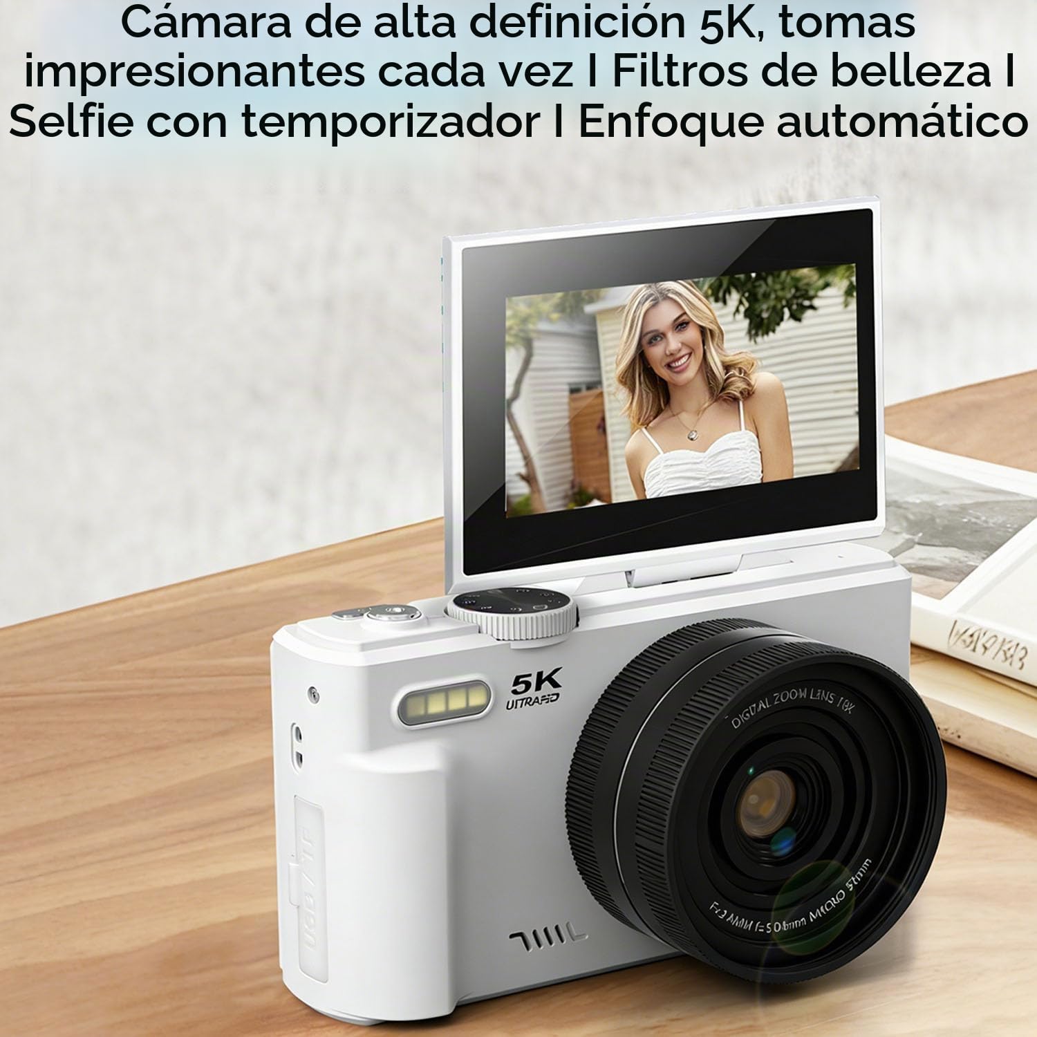 Optinexo 5K Digital Compact Camera, Cámara Digital Compacta 5K con Pantalla Flip y Zoom Digital 16X, Cámara Vlogging Portátil, Cámara de Fotos y Vídeo para Viajes y Creadores (Negro, Sin Tarjeta)