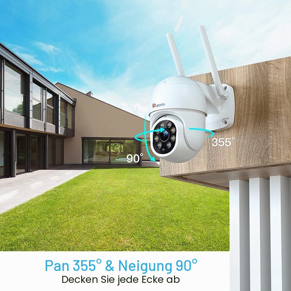 Ctronics 2.5K 4MP Überwachungskamera Aussen WLAN, PTZ 355°/90° Schwenkbar | 2,4/5GHz Dualband WiFi IP Kamera Outdoor mit Automatische Verfolgung, Personenerkennung, Farbiger Nachtsicht, IP66