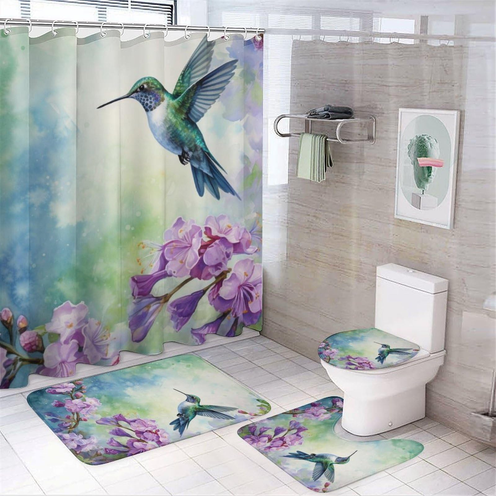 Flowers Hummingbird Shower Curtain 4 Piece Sets with Non-Slip Rugs,Toilet Lid Cover and Bath Mat Nature Flying Birds Watercolor Waterproof Shower
