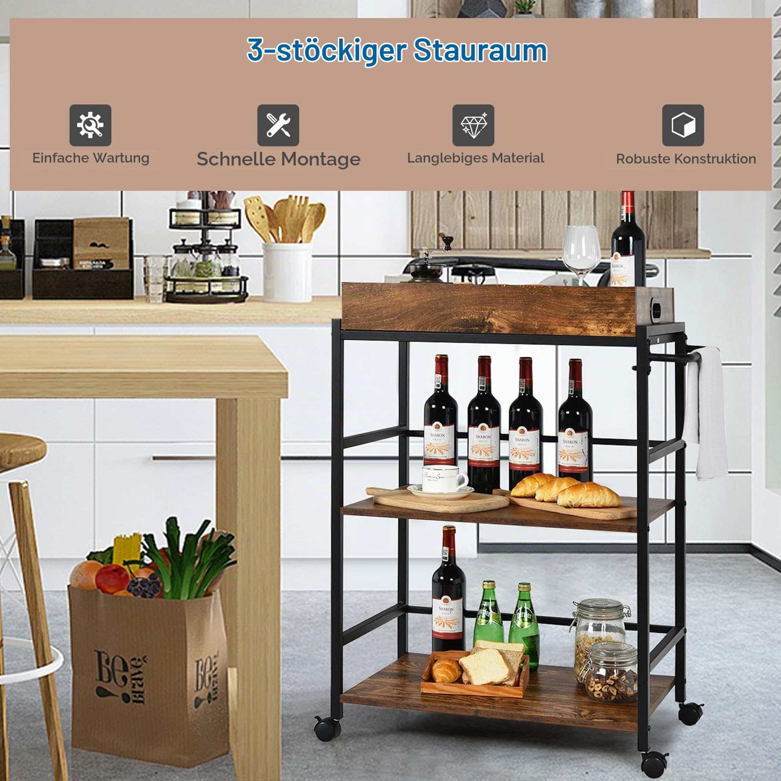 KOMFOTTEU Servierwagen Industrie Stil, Küchenwagen mit herausnehmbarem Tablett, Küchenregal auf Rollen 3 Ablagen, Rollwagen aus Stahlgestell & Holz, 72,5x40x93cm, Vintagebraun