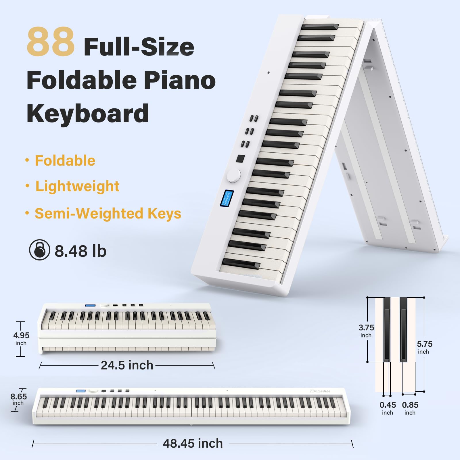 Tastiera a 88 tasti BSP-10F Pianoforte pieghevole portatile con tastiera semi-pesata, 128 toni, USB MIDI, pedale sustain, leggio per principianti, regalo per principianti, bianco