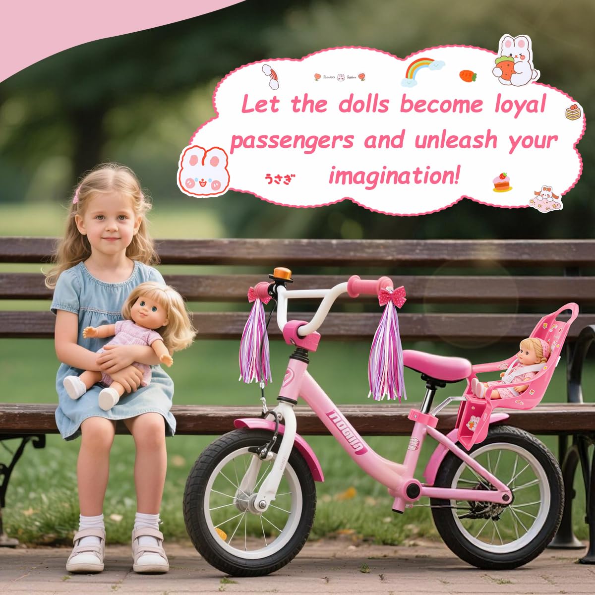 Seggiolino per Bicicletta per Bambole, Set di Sedili per Biciclette di Bambole con Adesivi Fai da Te e Manubrio Stelle Filanti, Accessorio Bicicletta per Bambini