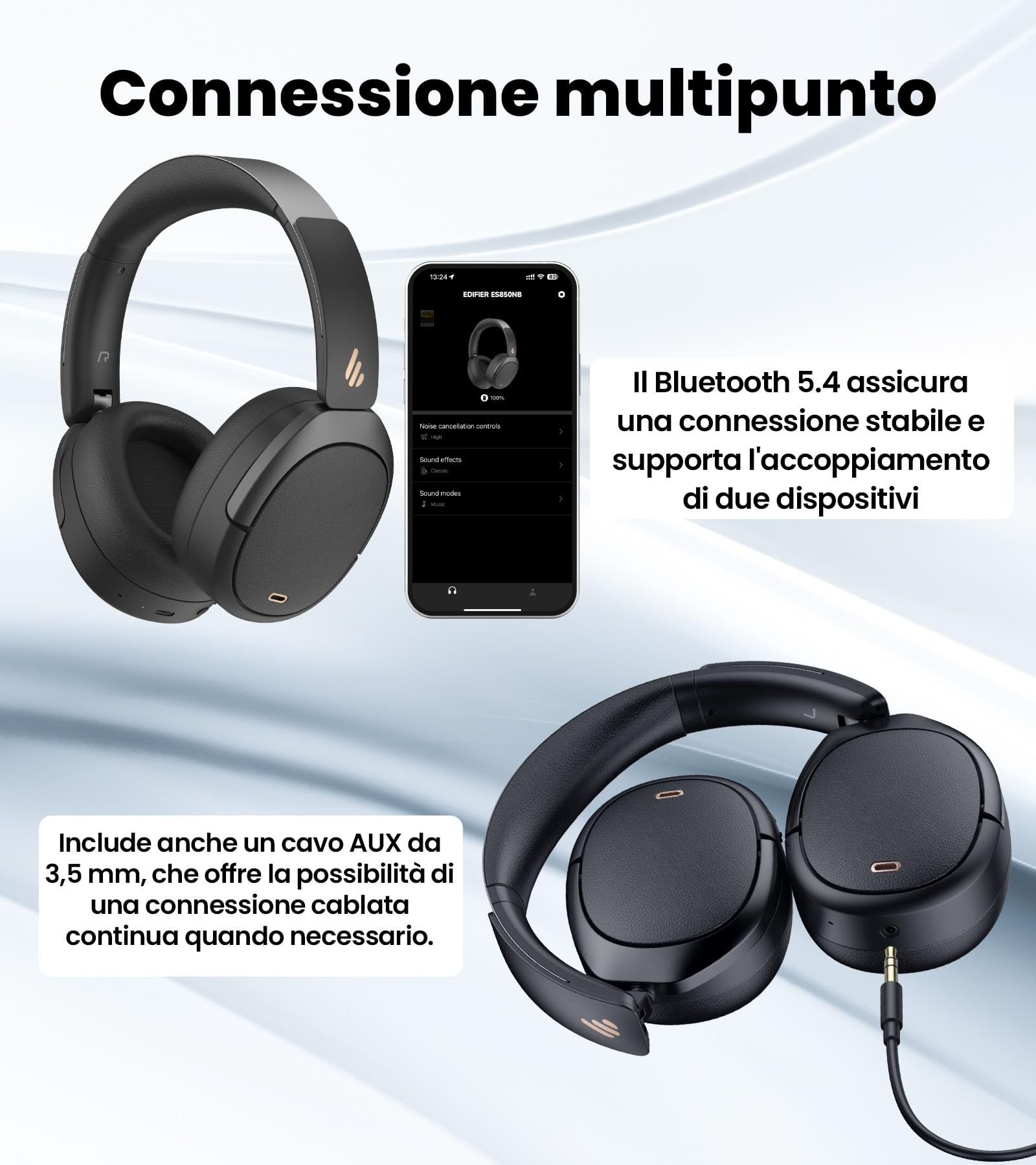 Edifier W80 Cuffie Over-Ear con LDAC & Hi-Res Wired & Wireless, Nero | -49db ANCmultipoint, Chiamate AI Chiare, Ricarica Rapida, Bluetooth 5.4, Comode, Trasportabili