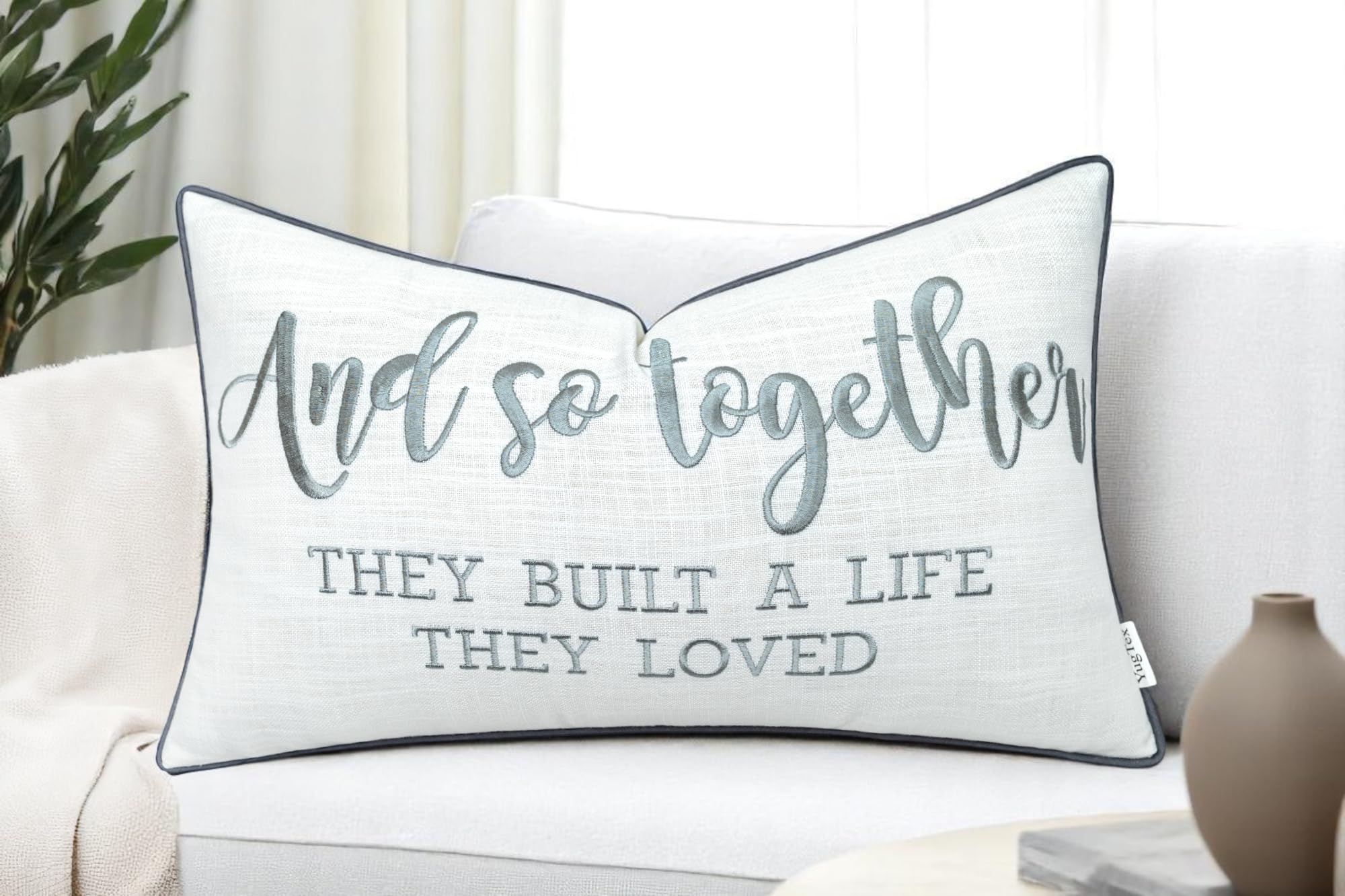 YugTex and So Together They Built A Life They Loved Cotton Embroidered Lumbar Accent Pillowcase - 12x20 Inches, Ivory-Grey